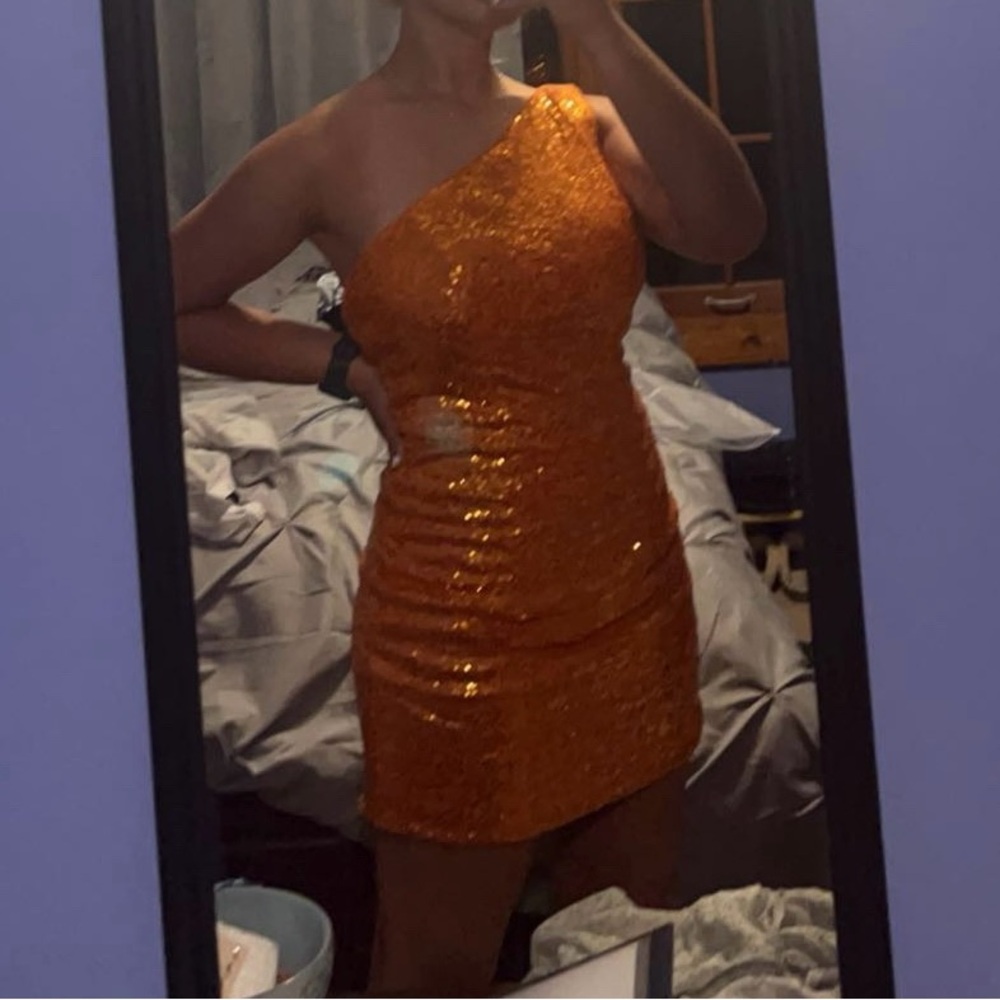 Orange Sequin One-Shoulder Dress